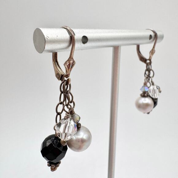 925 Silver Pearl Crystal Glass Beaded Dangle Cha Cha Earrings Black White Boho - Picture 4 of 12